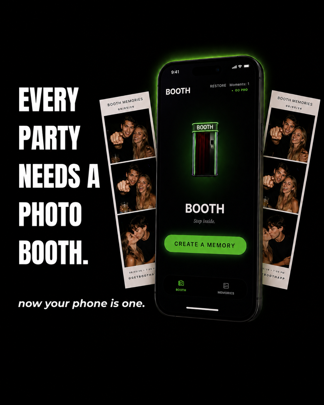 BOOTH marketing poster showing the app home screen on an iPhone