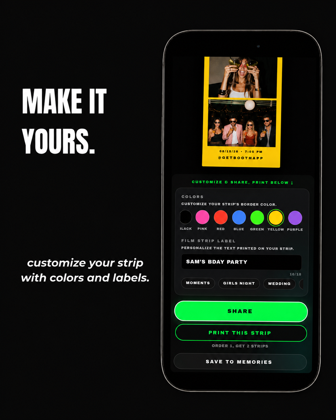 BOOTH marketing poster showing strip customization with colors and labels