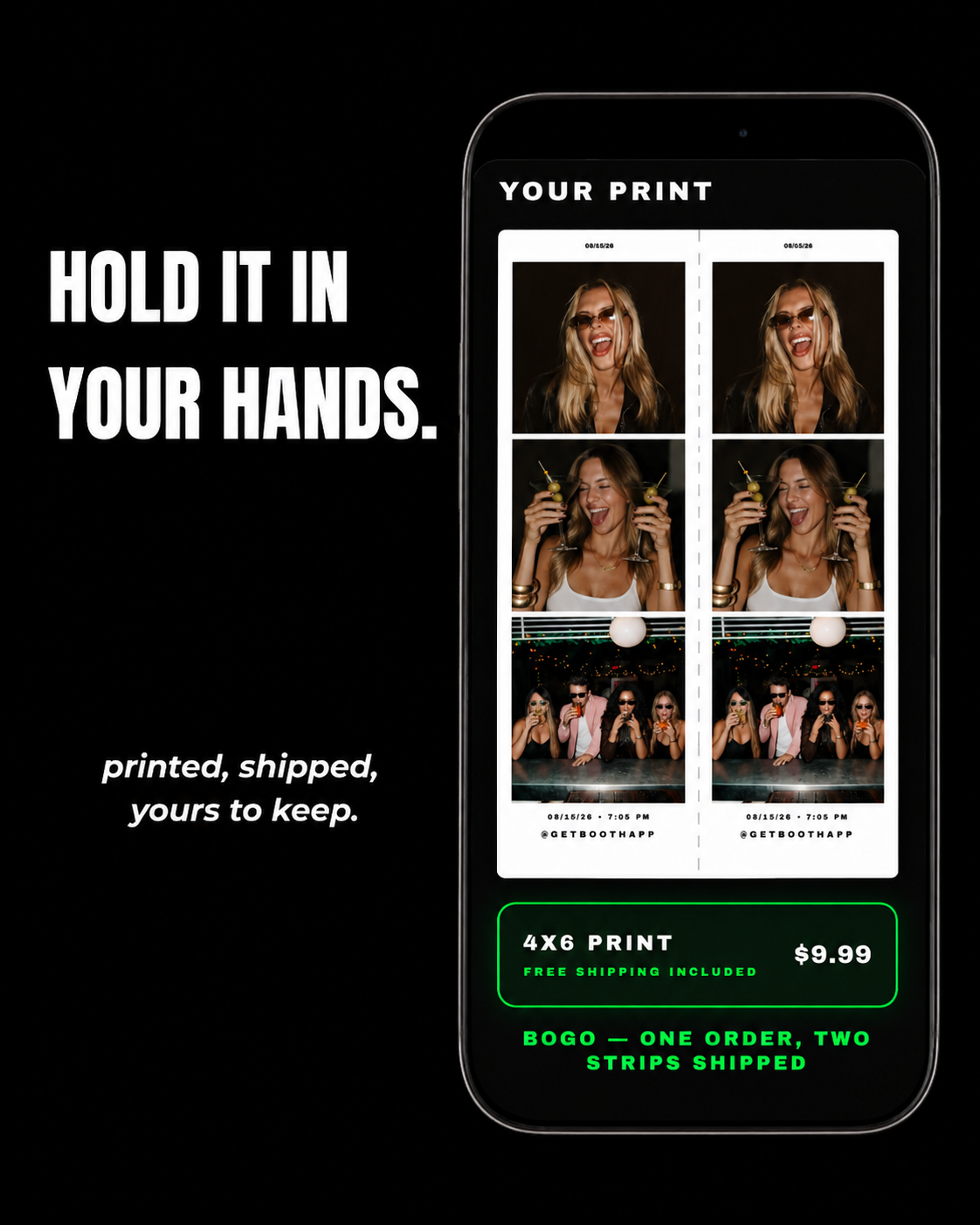 BOOTH marketing poster showing a printed film strip ready to ship