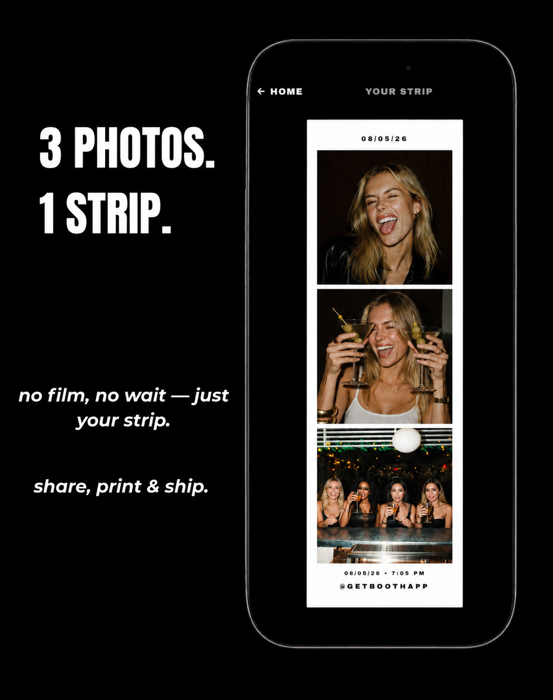 BOOTH marketing poster showing a finished three-photo film strip